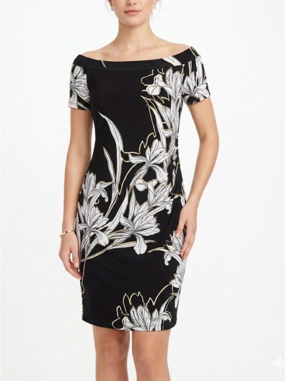 Frank Lyman Black White Floral Ruched Bodycon Cocktail Dress Sz 6